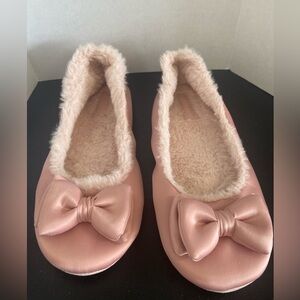 kate spade Mallow Pink Satin Faux-Fur Bow Ballet Flat  Slippers 8